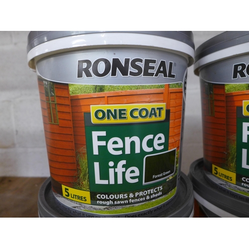 2169 - 6 tins of various paints - 4 tins of Ronseal One Coat Fence Life in forest green (5 litre), 1 tin of... 