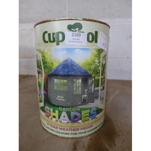 2169 - 6 tins of various paints - 4 tins of Ronseal One Coat Fence Life in forest green (5 litre), 1 tin of... 