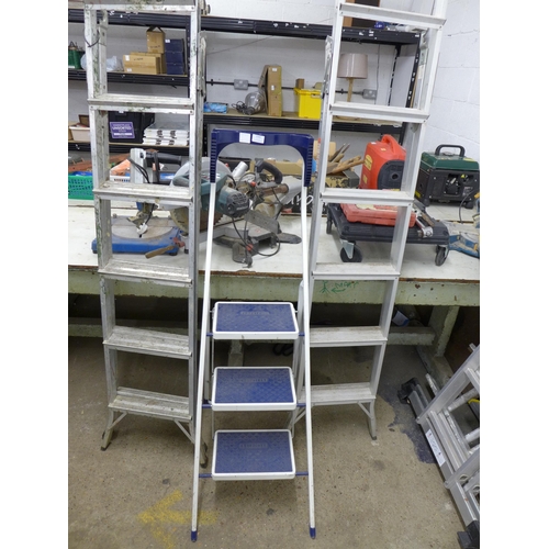 2282 - Two 6-rung aluminium 3-way ladders, a 3-rung metal step ladder and an aluminium folding platform hop... 