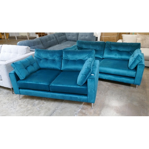 1301 - A teal velvet three seater sofa and two seater sofa RRP £1875