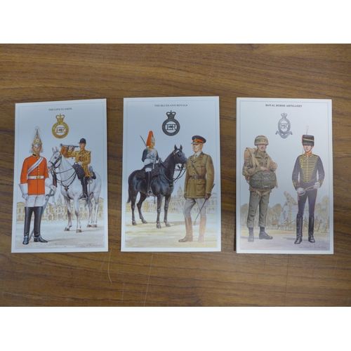 2245 - A box of mixed military postcards and trading card sets including trains and the Royal Family, Grand... 