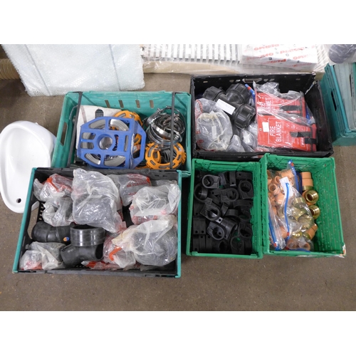 2250 - A large quantity of assorted plumbing fittings, clips, cables and other items including CPVC 20mm fe... 