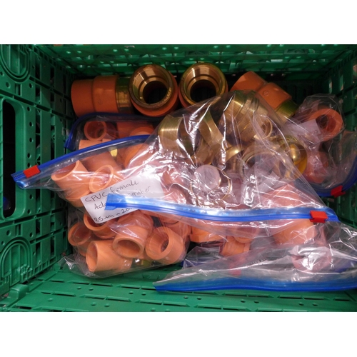 2250 - A large quantity of assorted plumbing fittings, clips, cables and other items including CPVC 20mm fe... 