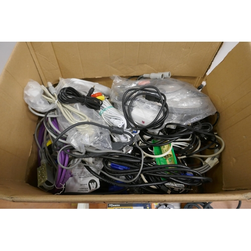 2266 - A box of mixed cables including an 18 metre extension reel, wire cutters, etc.