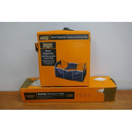 2291 - A Halfords roll up aluminium table and a Halfords boot organiser