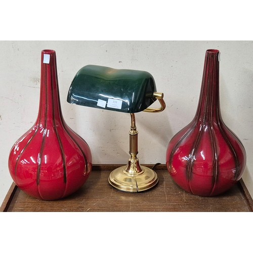 333 - A green bankers lamp and two red onion vases