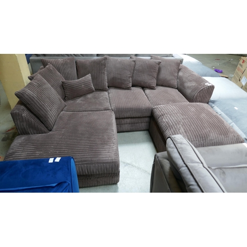 1562 - A brown cord compact corner sofa and footstool