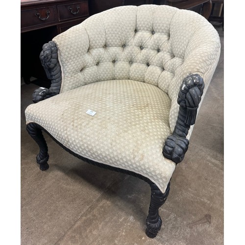 225 - A French painted mahogany and fabric upholstered tub chair