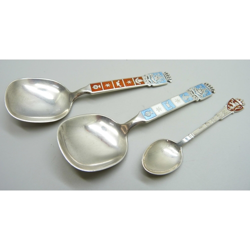 1001 - Three Norwegian silver and enamelled spoons, 65.5g