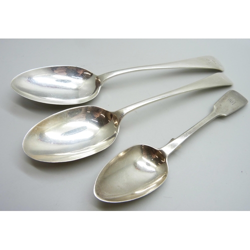 1005 - A Victorian silver spoon, one other silver spoon and a plated spoon, 110g of silver