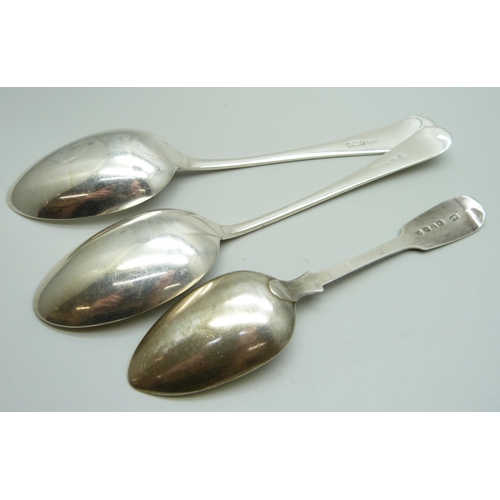 1005 - A Victorian silver spoon, one other silver spoon and a plated spoon, 110g of silver