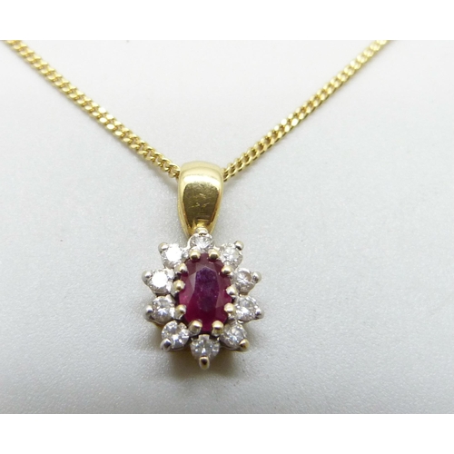 1007 - An 18ct gold, diamond and ruby pendant on an 18ct gold chain, 4.3g, chain 39cm