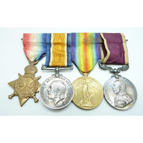 1013 - A group of four WWI medals to 7964 A W O CL 2 J Taylor N Staff R including a For Long Service and Go... 