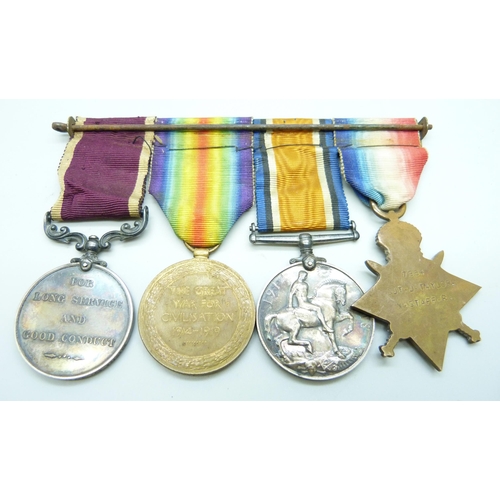 1013 - A group of four WWI medals to 7964 A W O CL 2 J Taylor N Staff R including a For Long Service and Go... 