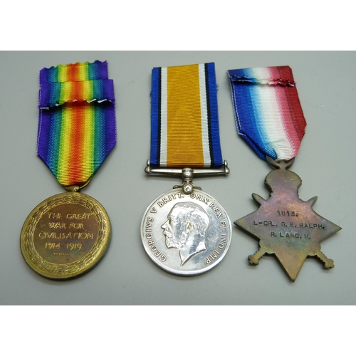 1019 - A trio of WWI medals to 1813 Cpl. G. E. Ralph, Royal Lancashire Regiment, the Star marked L-Cpl.