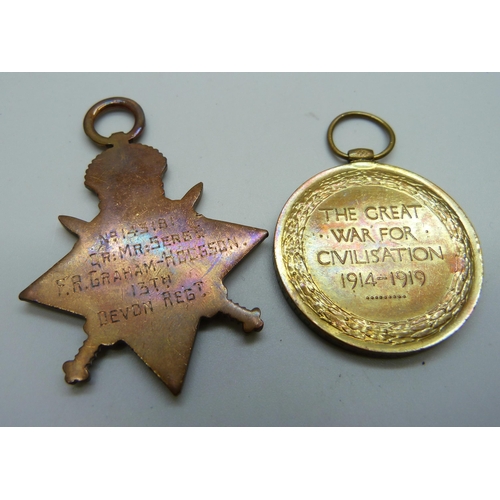 1025 - A pair of WWI medals including Mons Star, renamed to 143181 F R Graham-Hodgson 13th Devon Regt