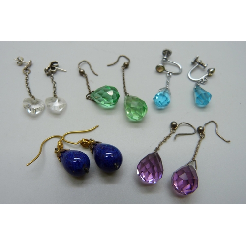 1028 - Five pairs of vintage earrings, three silver mounted