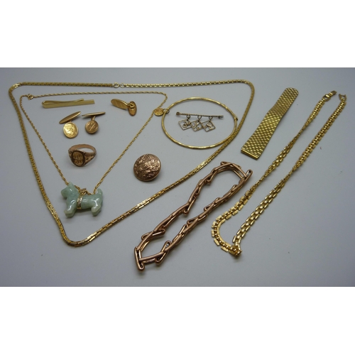 1040 - Gold-tone jewellery and a jade dog pendant