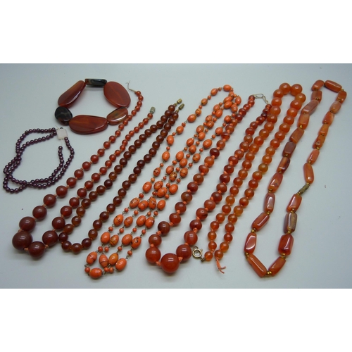 1041 - Six necklaces and two bracelets, including hardstone, (two necklaces require fasteners)