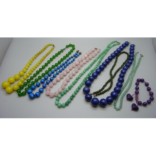 1042 - Eight bead necklaces and a bracelet, (one necklace requires fastener)