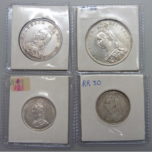 1048 - Four silver coins; 1887 half crown, an 1887 florin and 1887 and 1891 shillings