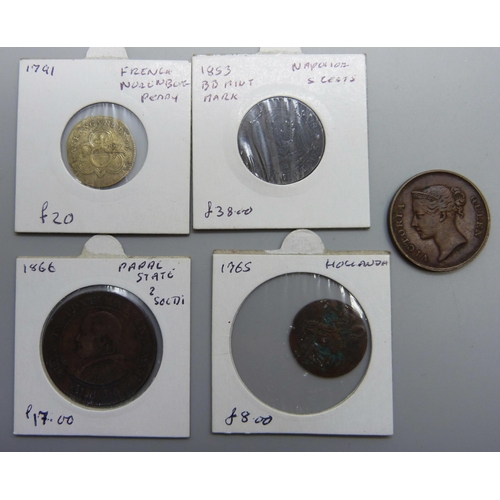 1049 - Five coins; 1845 East India Company one cent, a 1791 French penny, an 1853 Napoleon 5 centimes, 1765... 