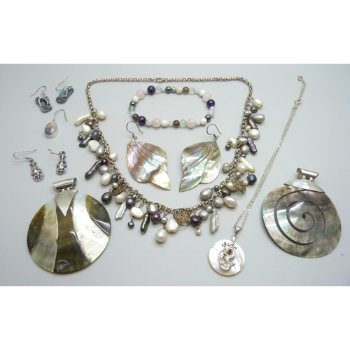 1054 - A silver and pearl necklace and other silver mounted jewellery