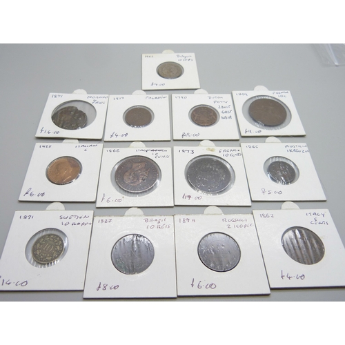 1062 - A collection of thirteen worldwide coins; ten 19th Century, a 1790 Dutch East India coin and two ear... 