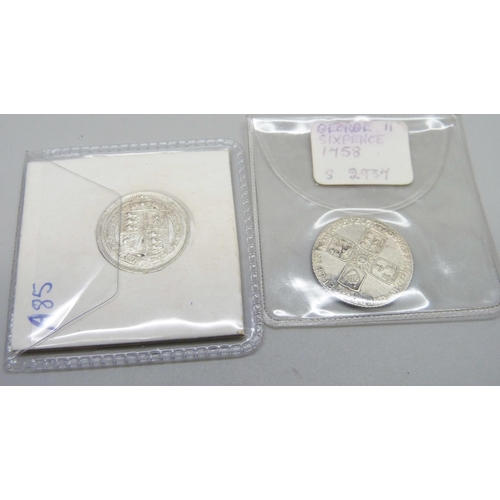 1087 - Two silver sixpence coins, George II, 1758 and Queen Victoria, 1887