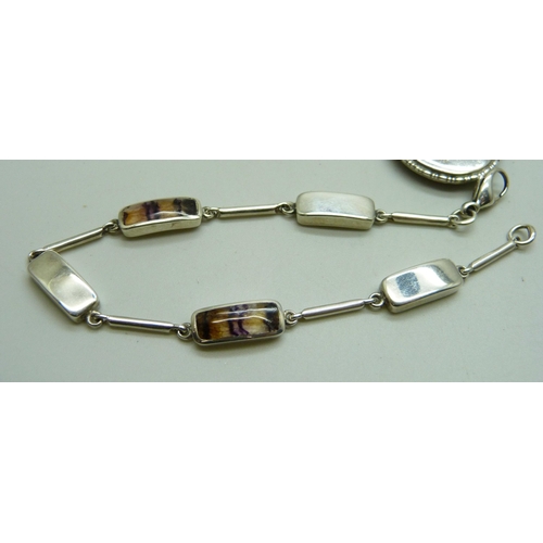 1090 - A hallmarked sterling silver bracelet with two panels of Blue John by C.W Sellors, Sheffield 2009, a... 