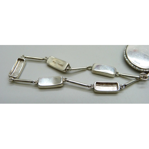 1090 - A hallmarked sterling silver bracelet with two panels of Blue John by C.W Sellors, Sheffield 2009, a... 