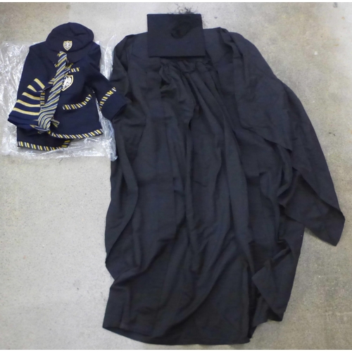 1102 - A child's mid 20th Century Public school jacket, scarf, tie and cap, a University gown and mortar bo... 