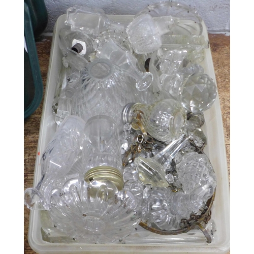 1103 - Glass stoppers and assorted perfume bottles, shade and two boxes of flatware, etc. **PLEASE NOTE THI... 