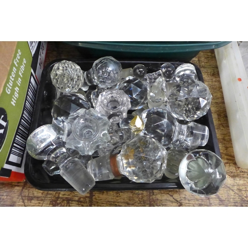 1103 - Glass stoppers and assorted perfume bottles, shade and two boxes of flatware, etc. **PLEASE NOTE THI... 