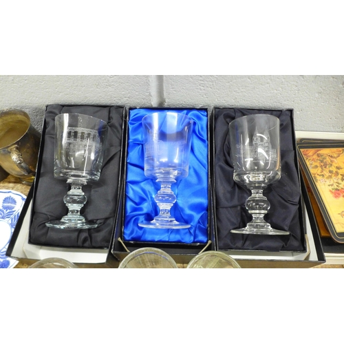 1112 - A collection of five boxed and engraved wine goblets, other glass, plated mugs, etc. **PLEASE NOTE T... 