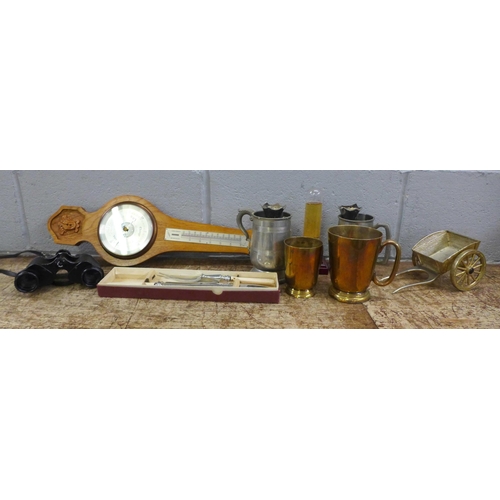 1115 - A box of mixed metalwares, barometer, stick stand and walking sticks **PLEASE NOTE THIS LOT IS NOT E... 