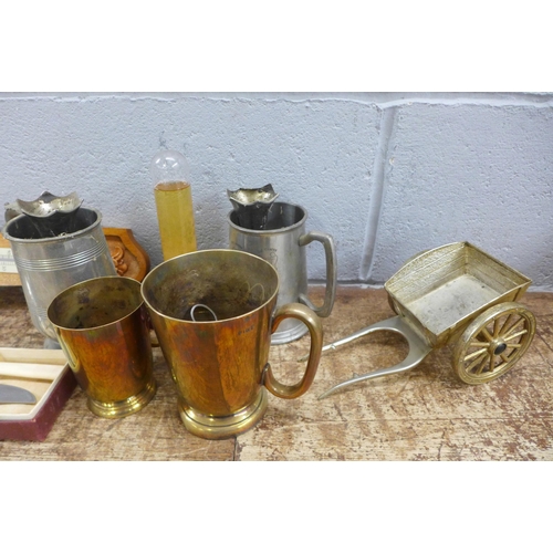 1115 - A box of mixed metalwares, barometer, stick stand and walking sticks **PLEASE NOTE THIS LOT IS NOT E... 