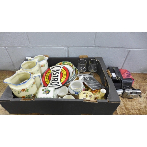 1116 - A Castrol motor oil metal plaque, four cameras and a box of mixed china, including Aynsley Orchard G... 