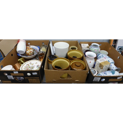 1119 - Three boxes of mixed china and metalwares including a pair of brass candlesticks **PLEASE NOTE THIS ... 