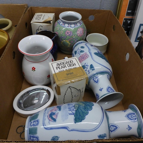 1119 - Three boxes of mixed china and metalwares including a pair of brass candlesticks **PLEASE NOTE THIS ... 