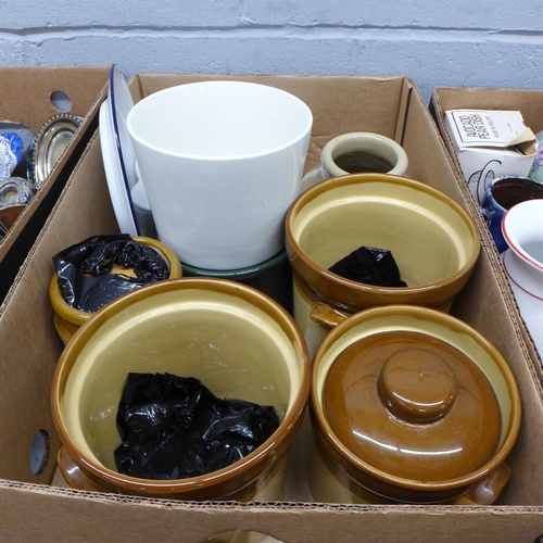 1119 - Three boxes of mixed china and metalwares including a pair of brass candlesticks **PLEASE NOTE THIS ... 