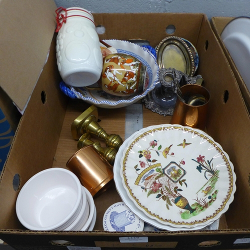 1119 - Three boxes of mixed china and metalwares including a pair of brass candlesticks **PLEASE NOTE THIS ... 