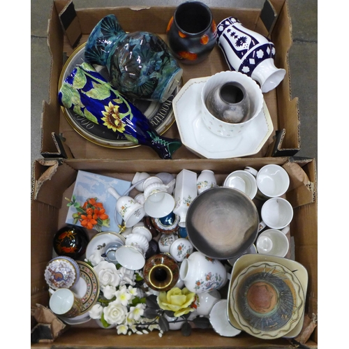 1128 - Two boxes of assorted china including five vases, (one Poole, one unfinished Royal Crown Derby) **PL... 