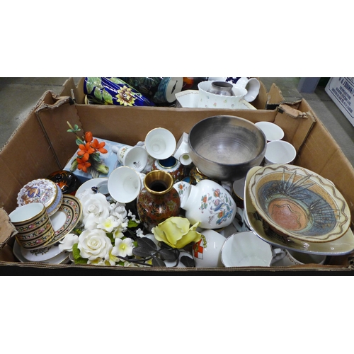 1128 - Two boxes of assorted china including five vases, (one Poole, one unfinished Royal Crown Derby) **PL... 