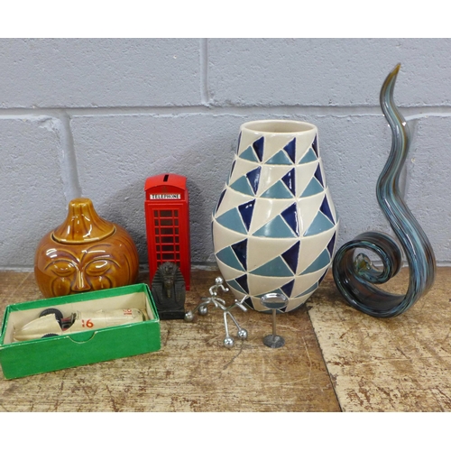 1131 - A studio glass sculpture, telephone box money bank, etc., two boxes **PLEASE NOTE THIS LOT IS NOT EL... 