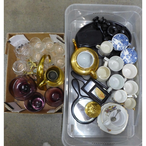 1135 - Mixed china and glass including commemorative china, an ebony dressing table set, brassware, etc. **... 