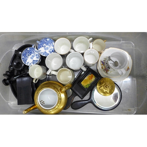 1135 - Mixed china and glass including commemorative china, an ebony dressing table set, brassware, etc. **... 