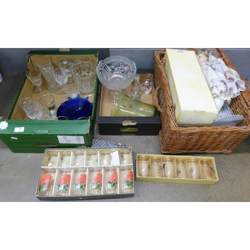 1144 - Two boxes of mixed glass and a wicker basket of dolls **PLEASE NOTE THIS LOT IS NOT ELIGIBLE FOR IN-... 