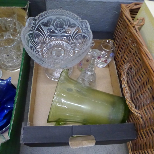 1144 - Two boxes of mixed glass and a wicker basket of dolls **PLEASE NOTE THIS LOT IS NOT ELIGIBLE FOR IN-... 