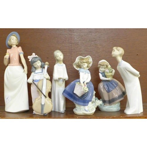 603 - Four Lladro figures and two Nao figures, two a/f